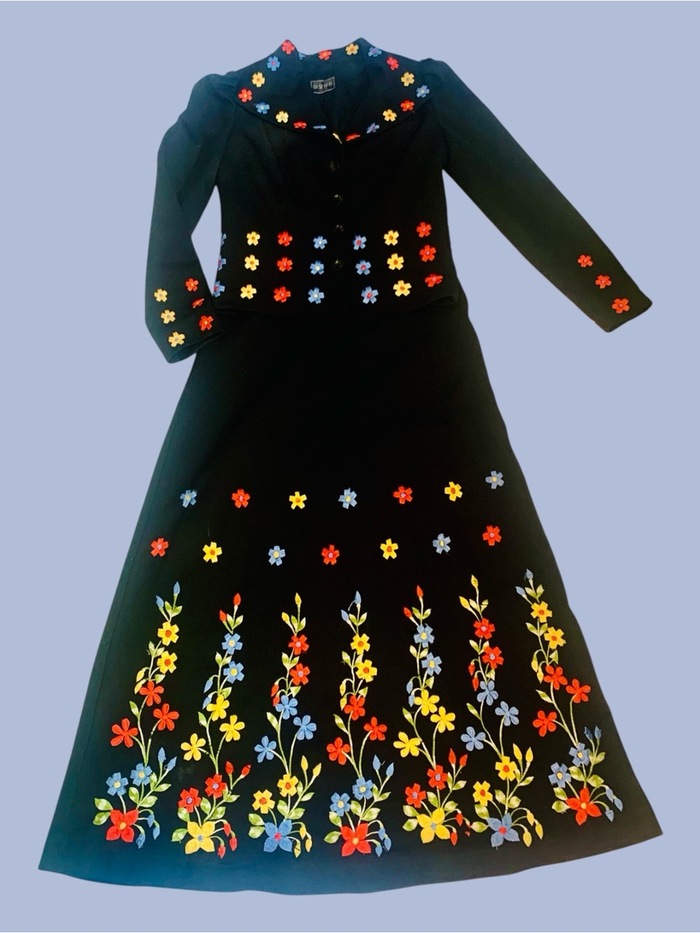 Black Mid-Century 2 Piece ‘Art to Wear’ Dressmaker Tel 26 Embroidered Suit - Picture 3 of 16